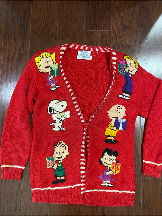 Vintage Sweaters - Vintage Snoopy Peanuts Christmas Sweater Red Knit Festive Holiday 90s Talbots PS